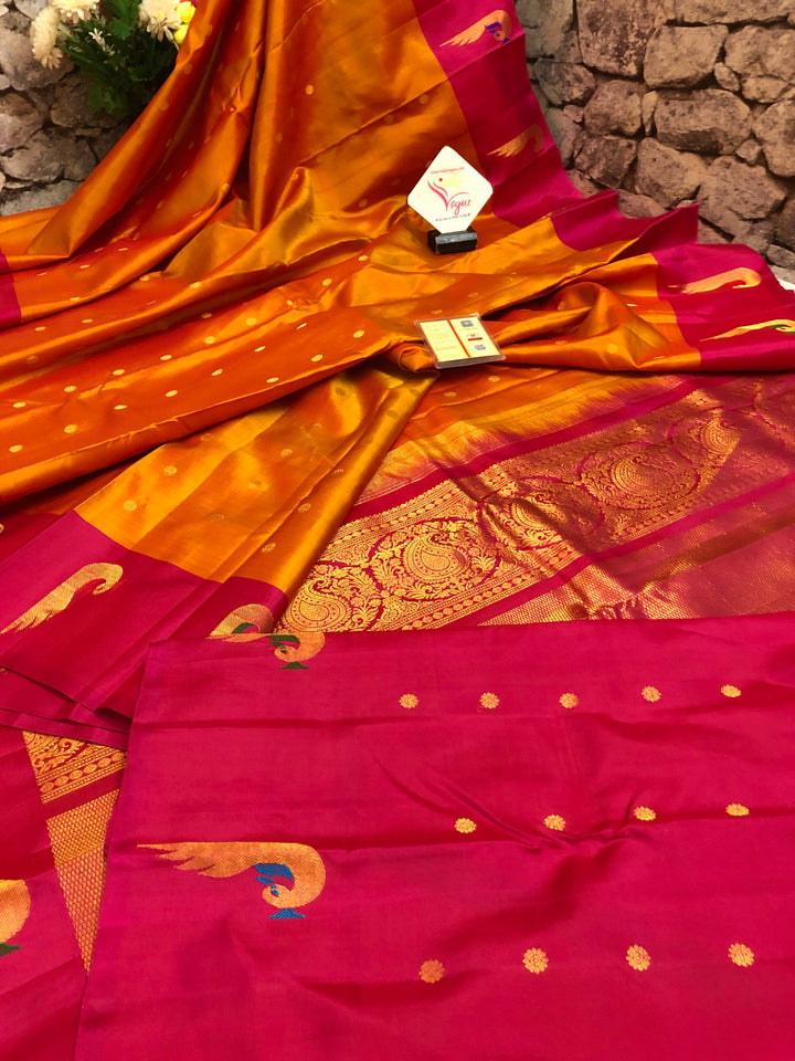 Golden Orange and Magenta Color Pure Gadwal Silk Saree