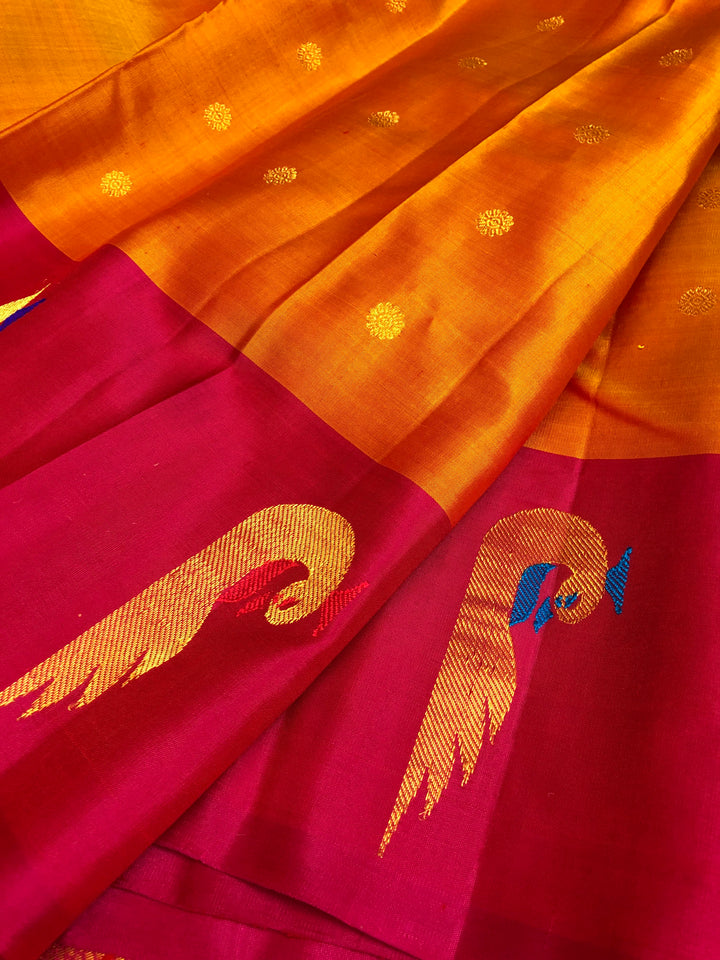 Golden Orange and Magenta Color Pure Gadwal Silk Saree