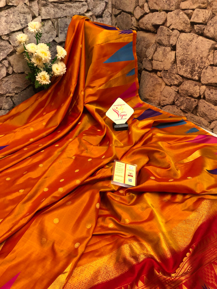 Golden Orange Color Pure Gadwal Saree with Multicolor Temple Border