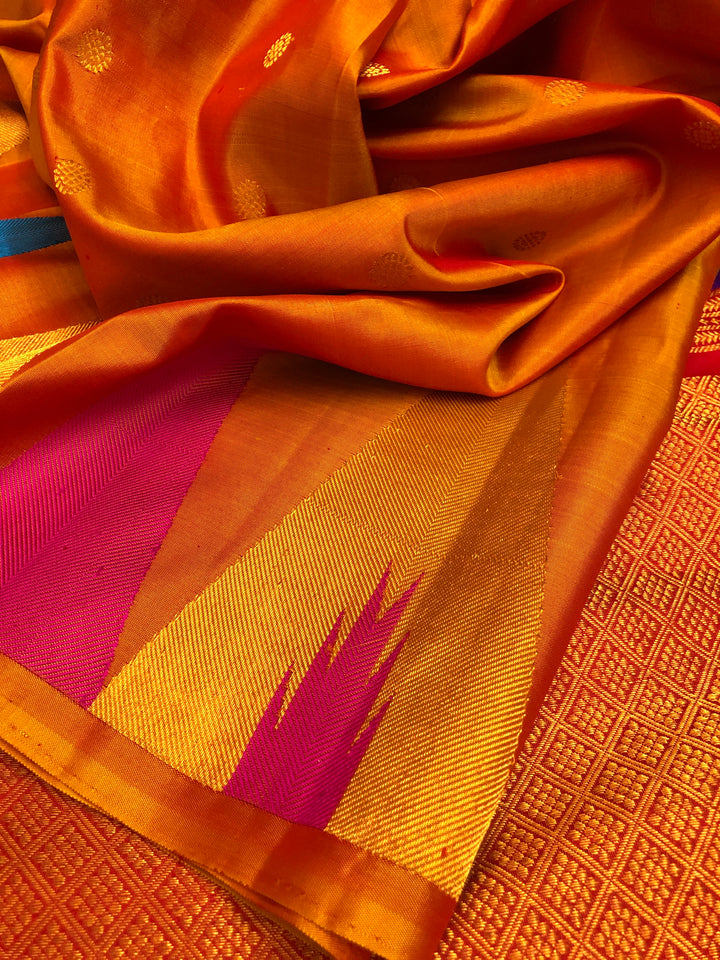 Golden Orange Color Pure Gadwal Saree with Multicolor Temple Border