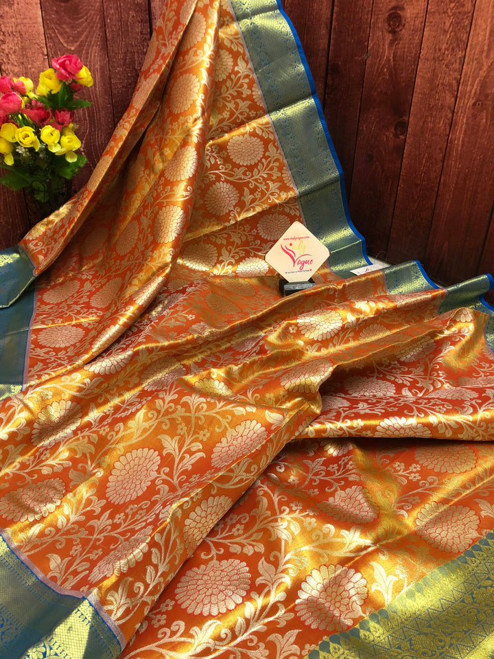 Golden Orange Color Tissue Kanjeevaram Silk Saree with Jaal Work