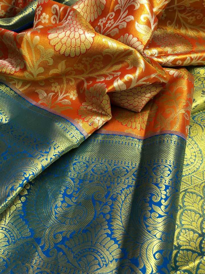 Golden Orange Color Tissue Kanjeevaram Silk Saree with Jaal Work