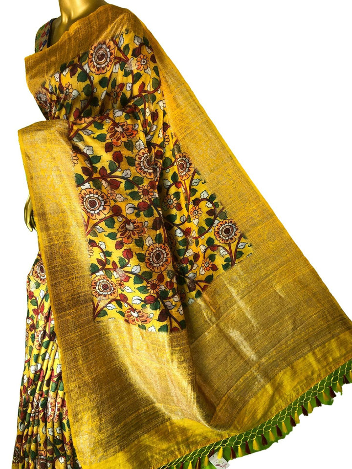 Golden Yellow and Multicolor Tussar Banarasi with Kalamkari Work