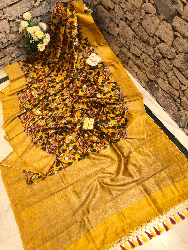 Golden Yellow and Multicolor Tussar Banarasi with Kalamkari Work