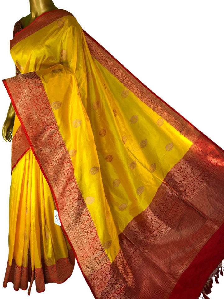 Golden Yellow and Red Color Pure Katan Banarasi Silk Saree