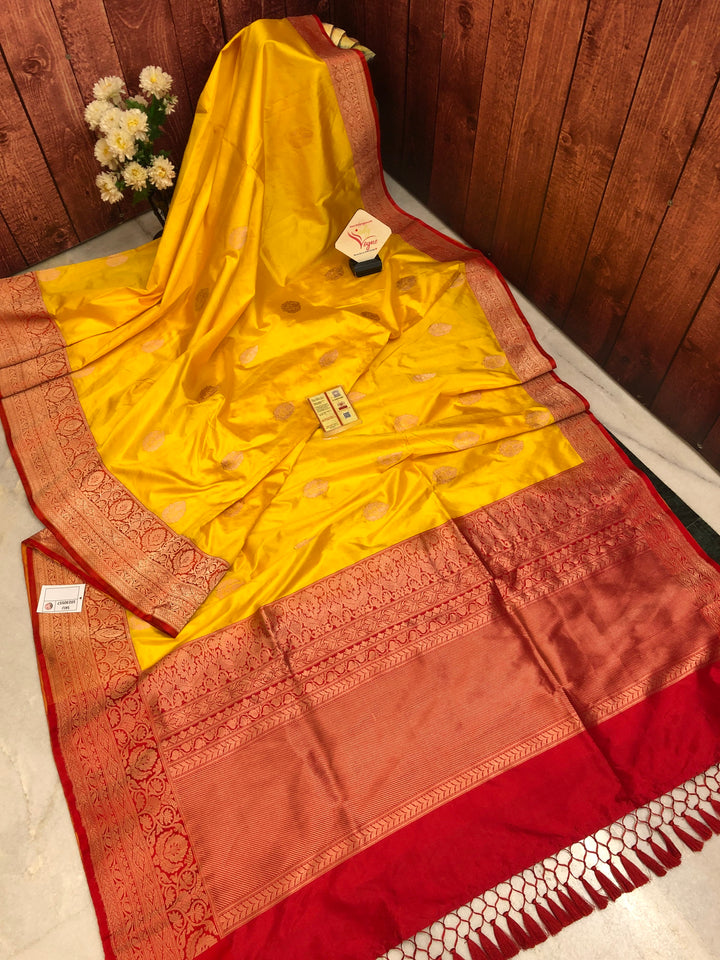 Golden Yellow and Red Color Pure Katan Banarasi Silk Saree