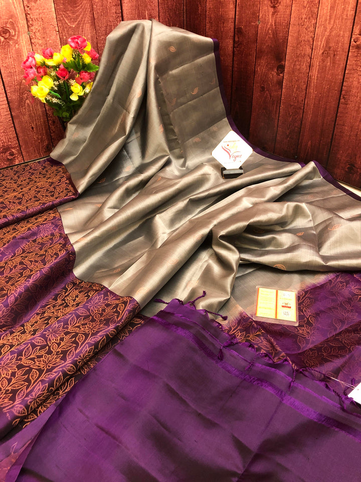 Graphite Color Pure Kanchipuram Soft Silk Saree with Zari Work
