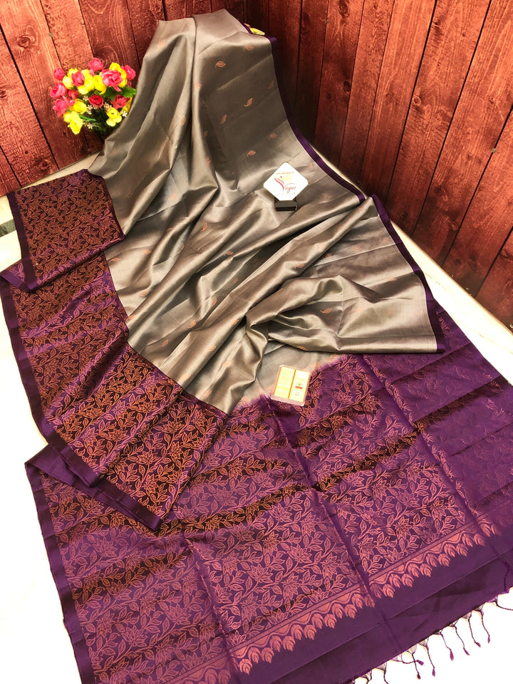 Graphite Color Pure Kanchipuram Soft Silk Saree with Zari Work