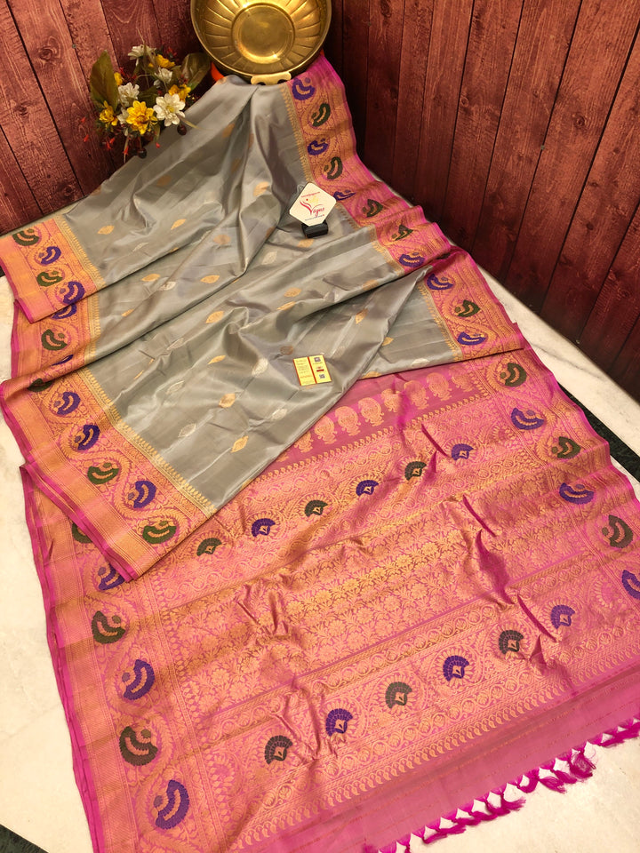 Gray Color Gadwal Silk Saree with Silver & Golden Zari Buti Work with Meenakari Work