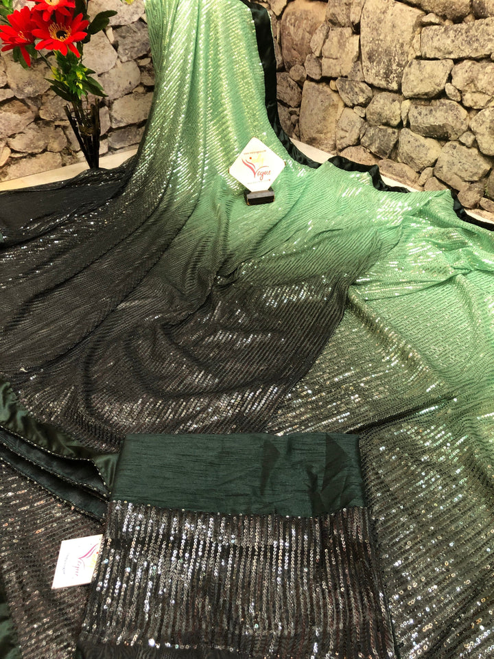 Green and Black Color Two Shade Designer Net Saree with Sequin Work