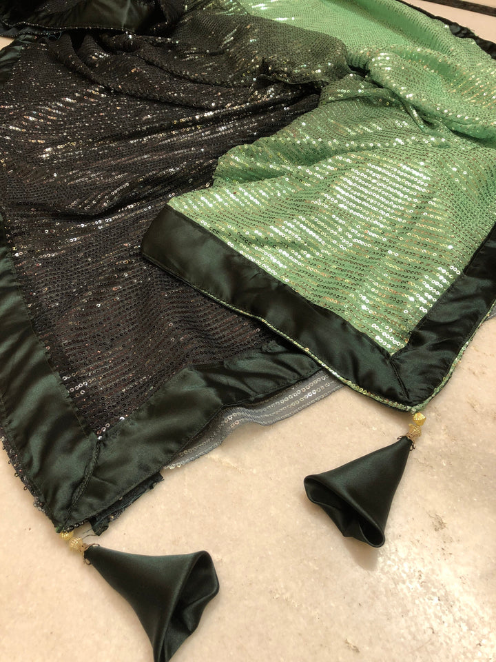 Green and Black Color Two Shade Designer Net Saree with Sequin Work