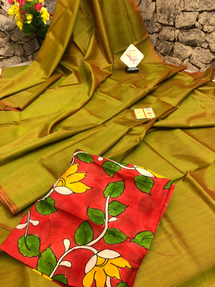 Green and Red Dual Tone Bishnupur Silk Saree with Kalamkari Blouse