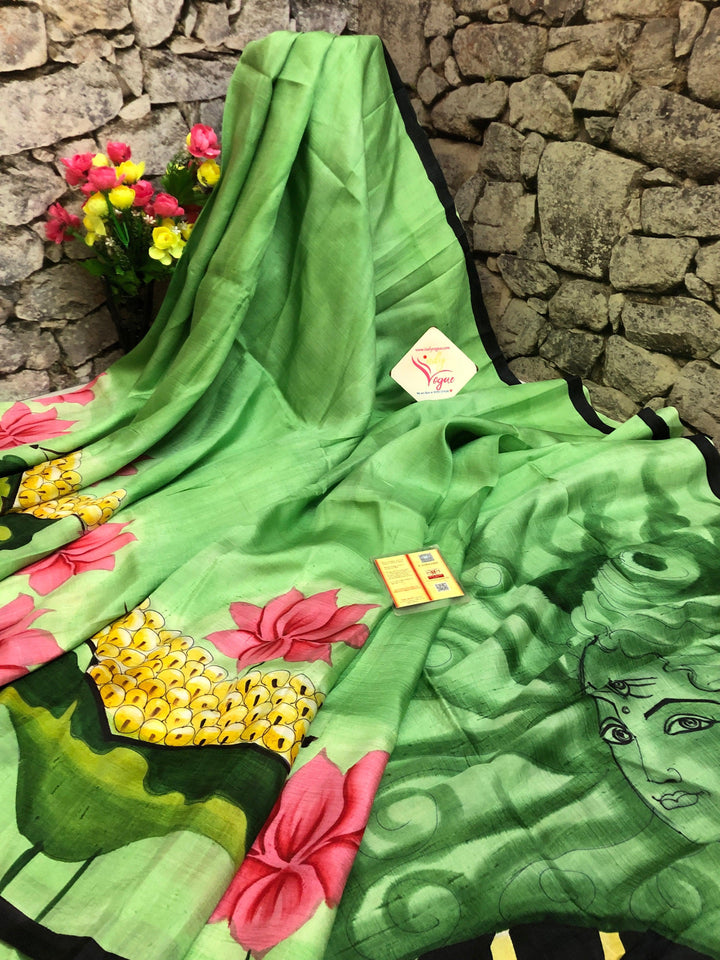 Green Color Pure Bishnupur Silk with Acid Hand Paint
