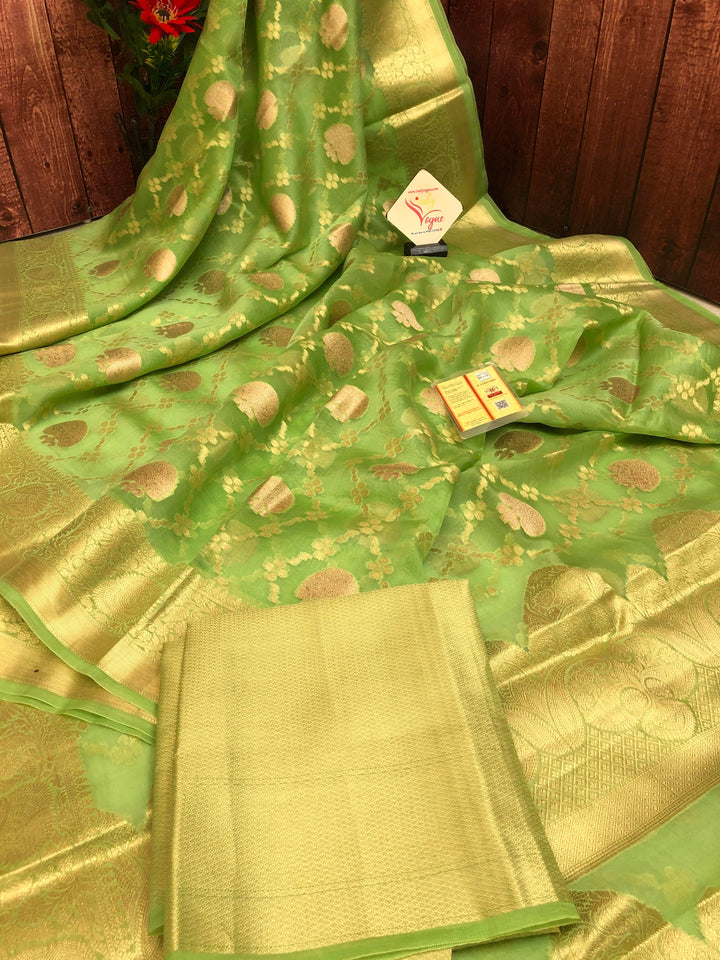 Green & Golden Color Kora Organza Saree
