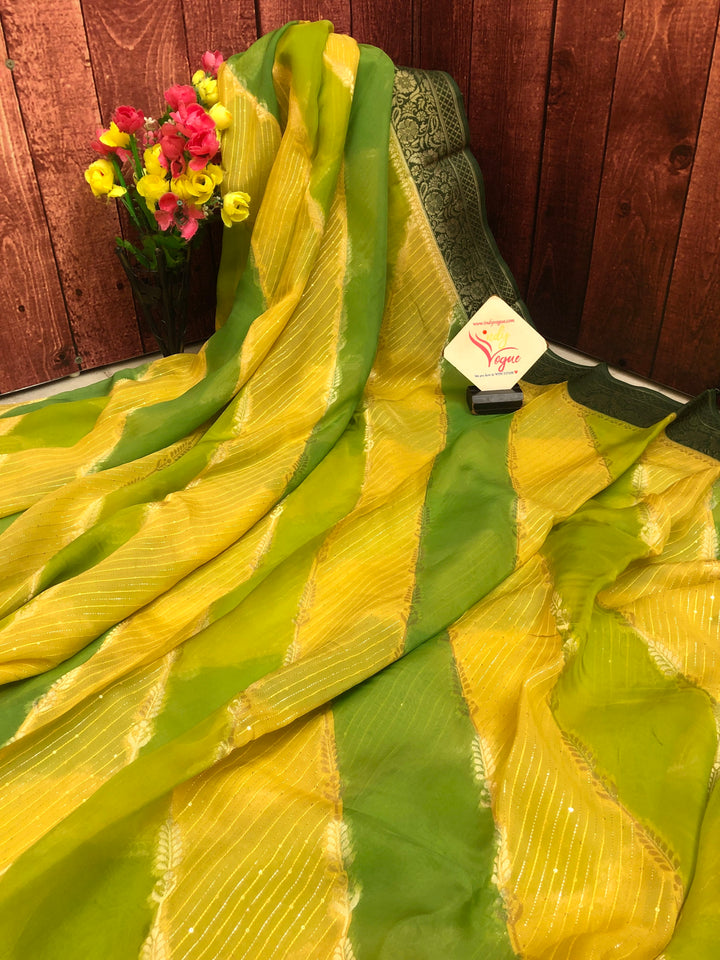 Green & Yellow Color Kora Organza with Lehriya Pattern & Sequin Work