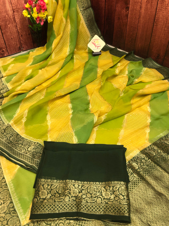 Green & Yellow Color Kora Organza with Lehriya Pattern & Sequin Work