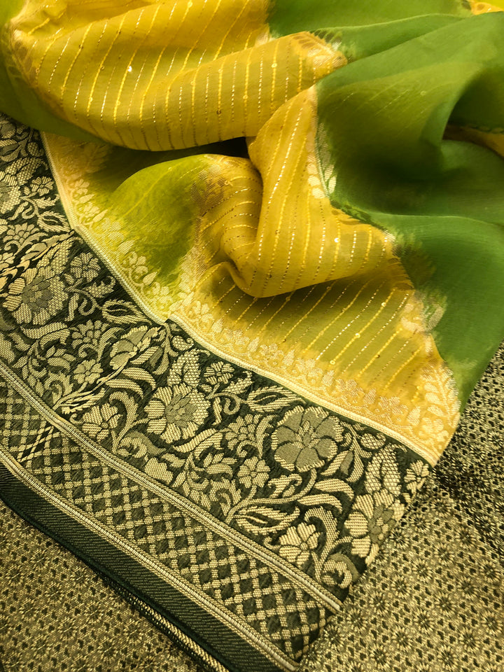 Green & Yellow Color Kora Organza with Lehriya Pattern & Sequin Work