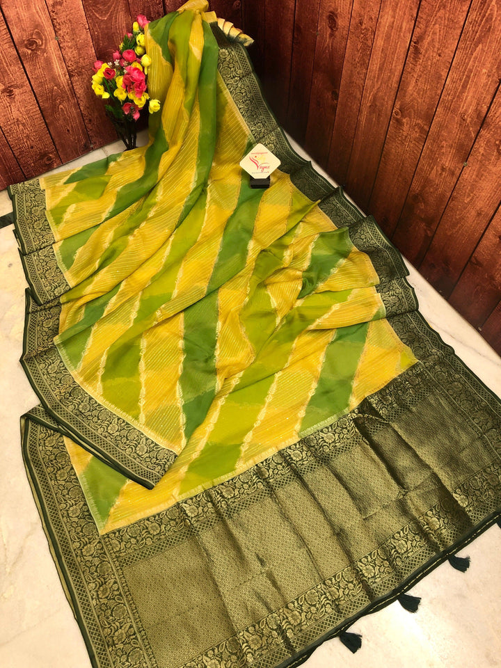 Green & Yellow Color Kora Organza with Lehriya Pattern & Sequin Work