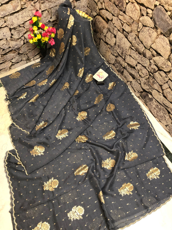 Grey Color Designer Georgette Saree with Zari Butta and Scallop Border