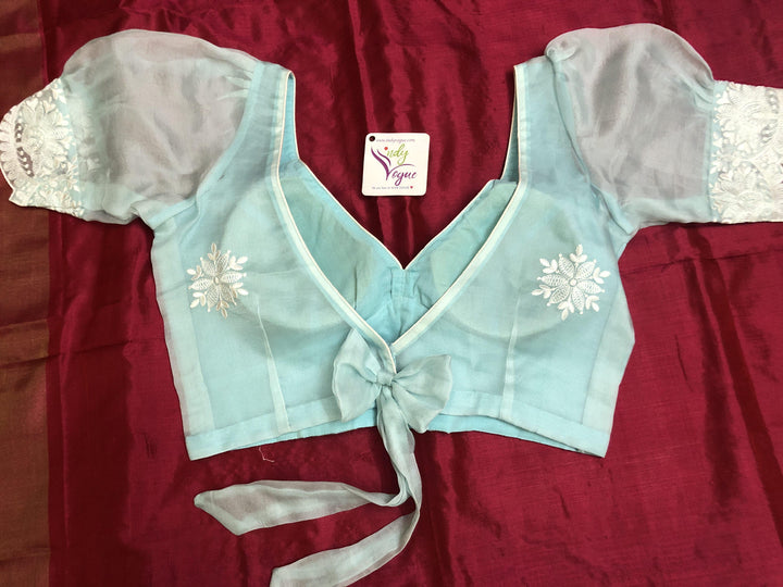 Ice Blue Color Designer Organza banarasi Blouse with Butterfly Sleeves