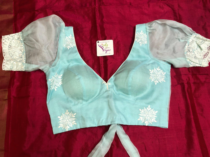 Ice Blue Color Designer Organza banarasi Blouse with Butterfly Sleeves