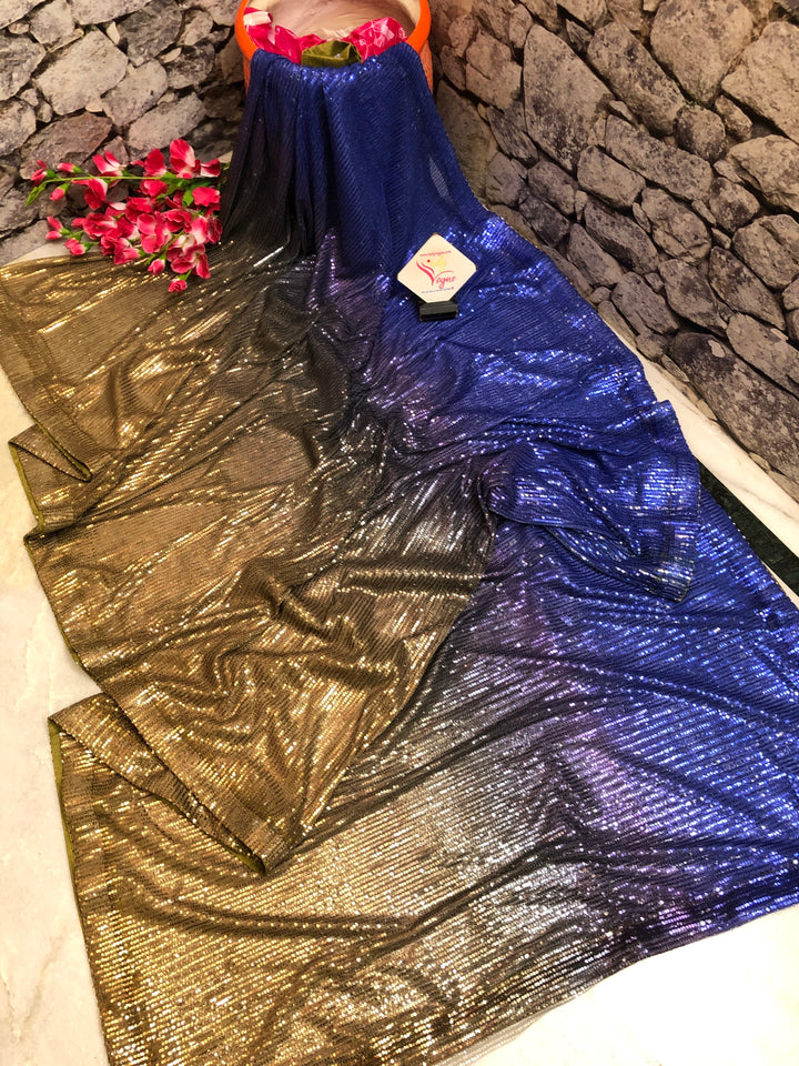 Indigo Blue and Golden Color Designer Net Saree with Sequin Weaving