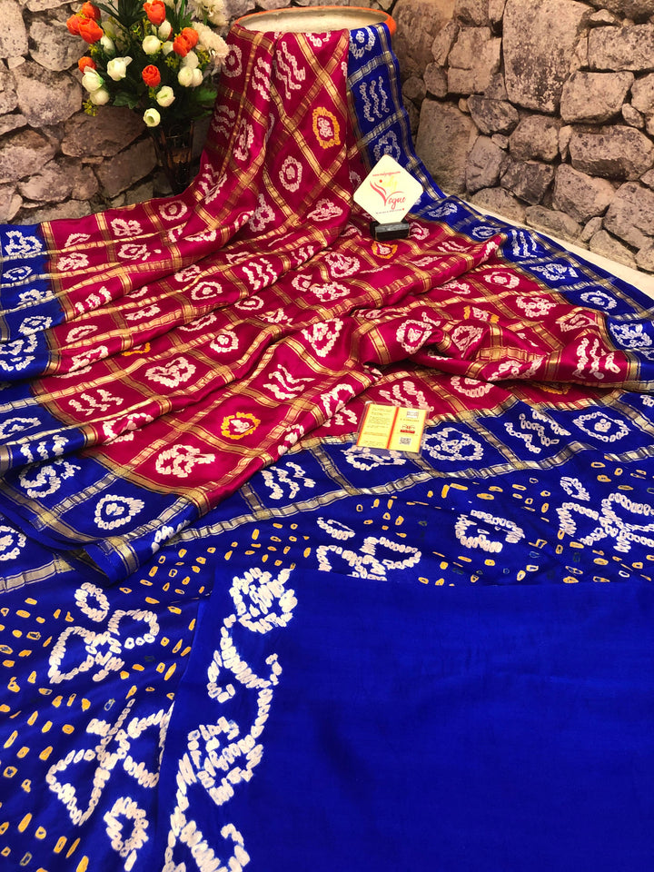 Indigo Blue and Rani Color Pure Ghazi Silk Gharchola Saree with Hand Bandhej Work