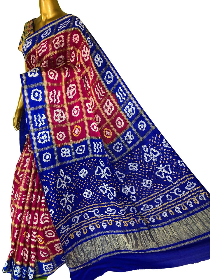 Indigo Blue and Rani Color Pure Ghazi Silk Gharchola Saree with Hand Bandhej Work