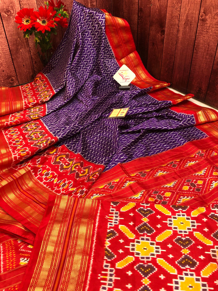 Indigo Blue and Red Color Pure Ikat Silk Saree with Broad Border
