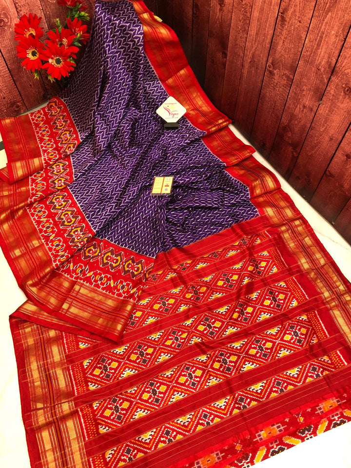 Indigo Blue and Red Color Pure Ikat Silk Saree with Broad Border