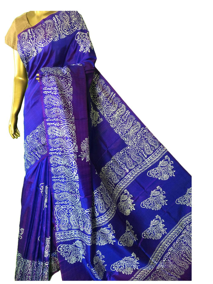 Indigo Blue Color Bishnupuri Katan Silk Saree with Block Print
