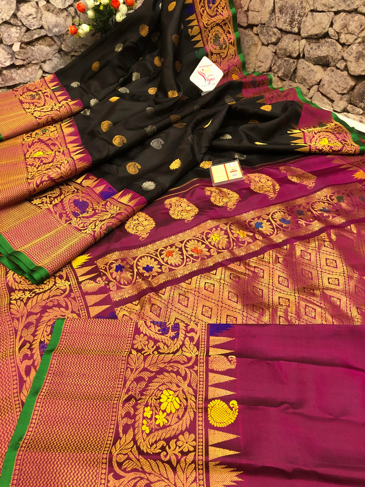 Jade Black Color Gadwal Silk Saree with Meenakari Work and Kanchi Border