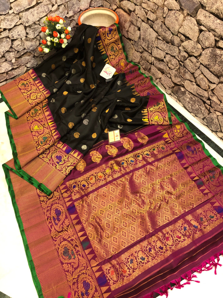 Jade Black Color Gadwal Silk Saree with Meenakari Work and Kanchi Border