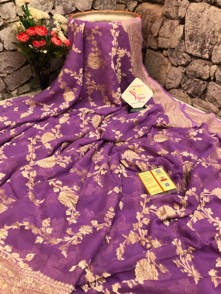 Lavender Color Pure Khaddi Georgette Banarasi Saree