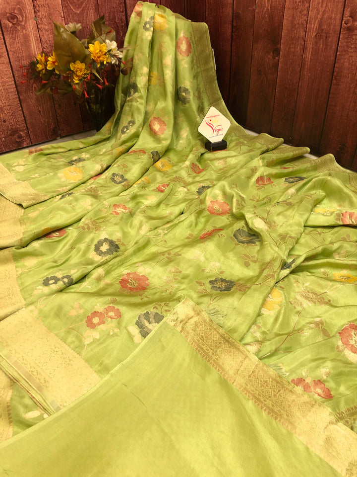 Lemon Green Color Muga Banarasi Saree with Allover Jaal Meenakari Work
