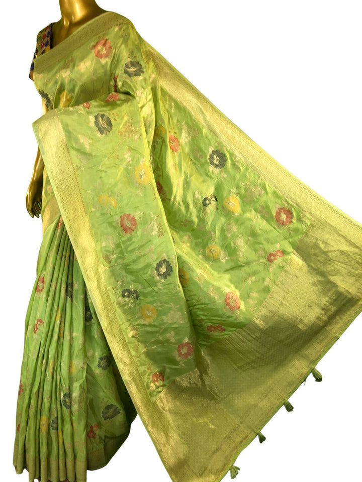 Lemon Green Color Muga Banarasi Saree with Allover Jaal Meenakari Work