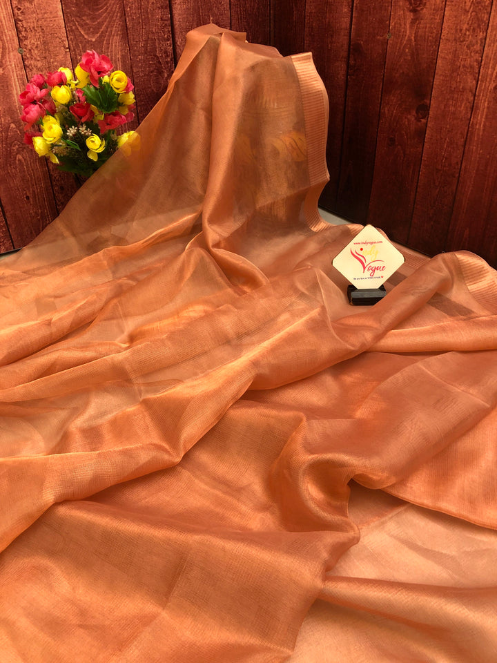Light Copper Color Designer Tissue Silk with Zari Check