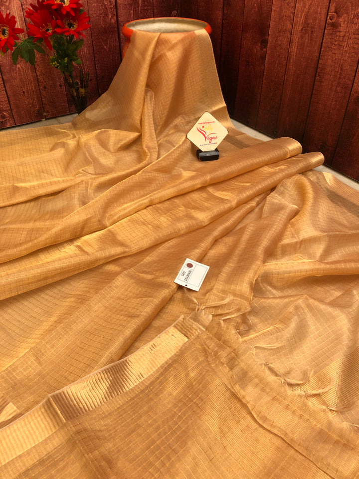 Light Golden Color Designer Tissue Silk Saree with Zari Checks