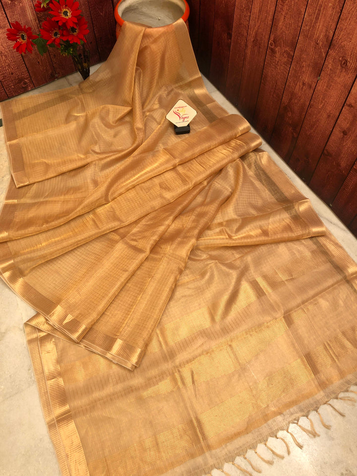 Light Golden Color Designer Tissue Silk Saree with Zari Checks