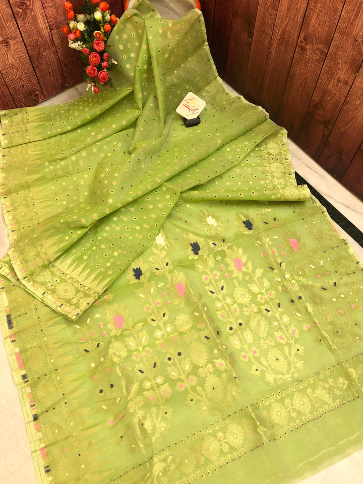 Light Green Color Jamdani Saree with Meenakari Buti Work