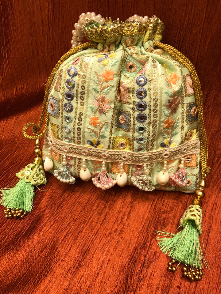Light Green Color Potli Clutch Bag with Embroidery & Mirror Work