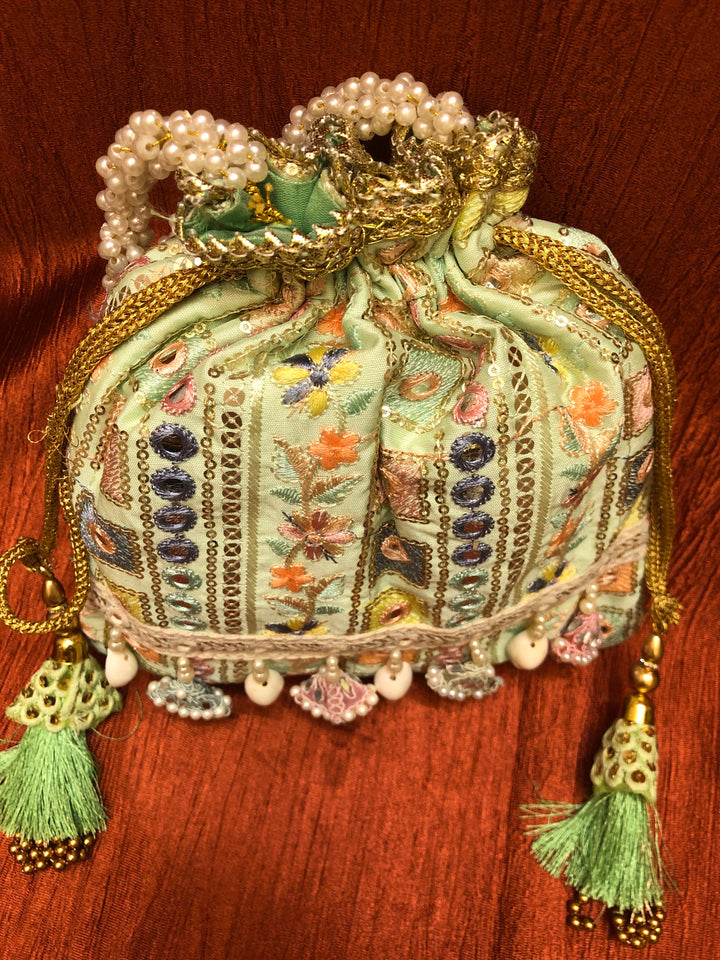 Light Green Color Potli Clutch Bag with Embroidery & Mirror Work
