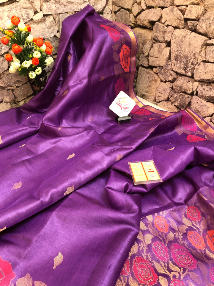 Light Purple Color Pure Tussar Silk Saree with Meenakari Border