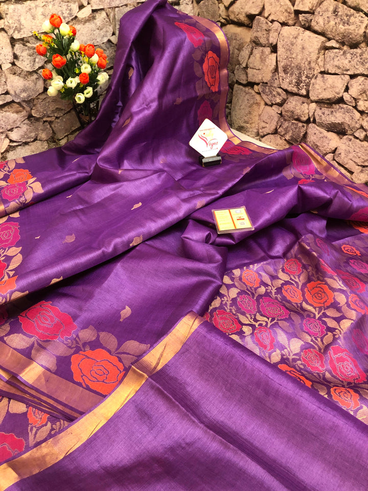 Light Purple Color Pure Tussar Silk Saree with Meenakari Border