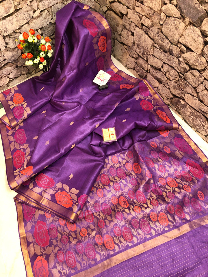 Light Purple Color Pure Tussar Silk Saree with Meenakari Border