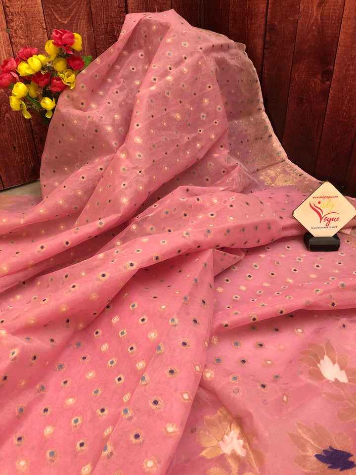 Light Salmon Pink Color Jamdani Saree with Meenakari Buti Work