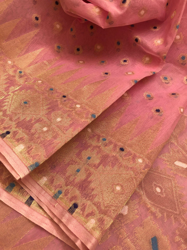 Light Salmon Pink Color Jamdani Saree with Meenakari Buti Work