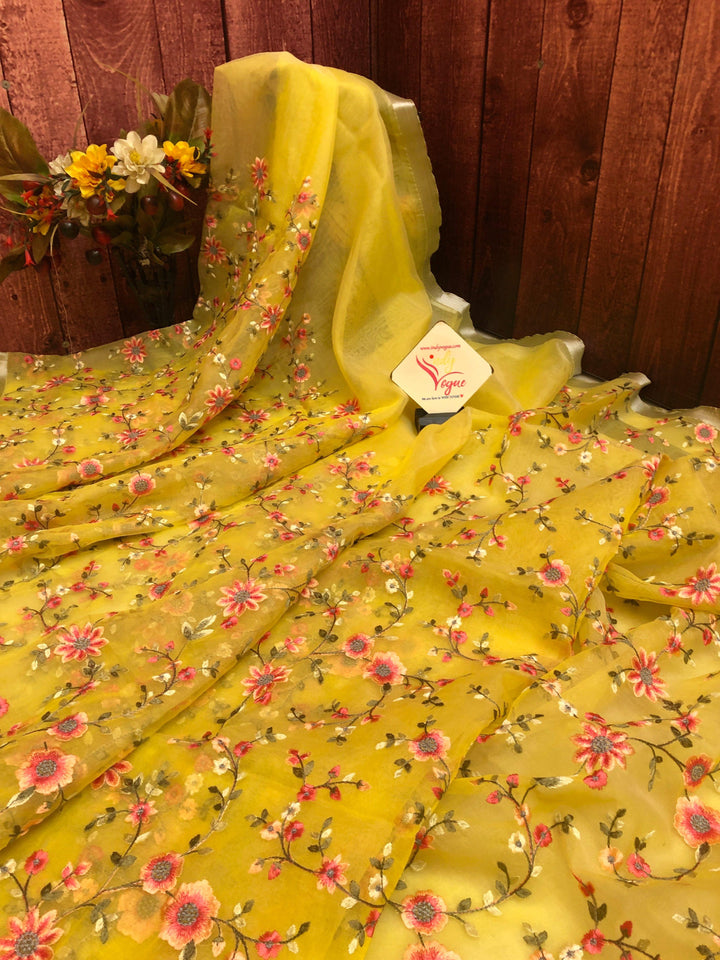 Light Yellow Color Resham Handloom Saree with Embroidery