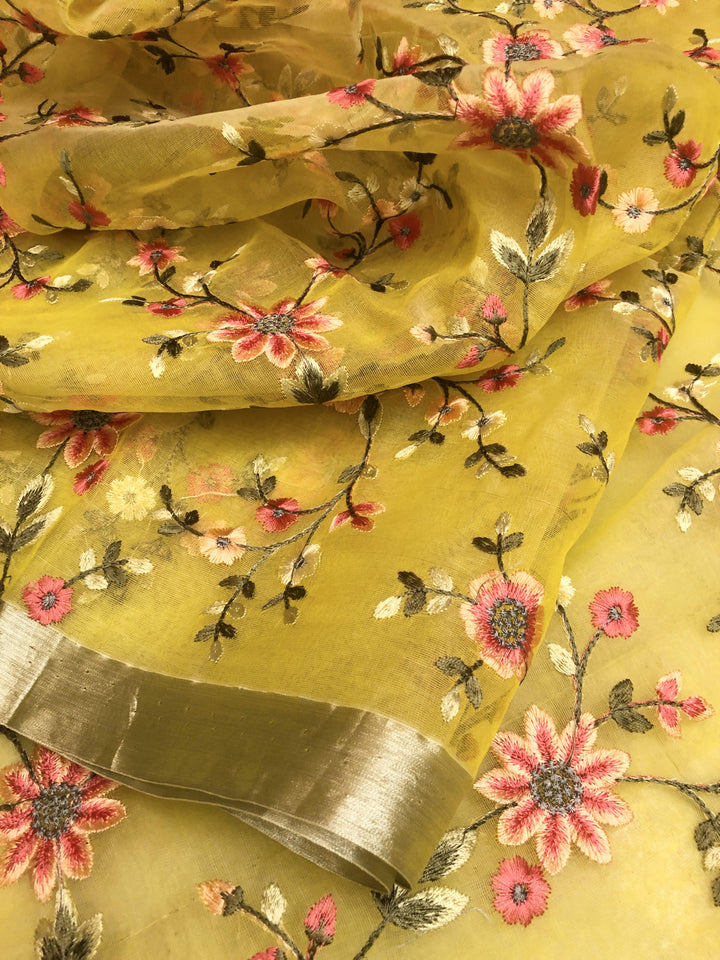 Light Yellow Color Resham Handloom Saree with Embroidery