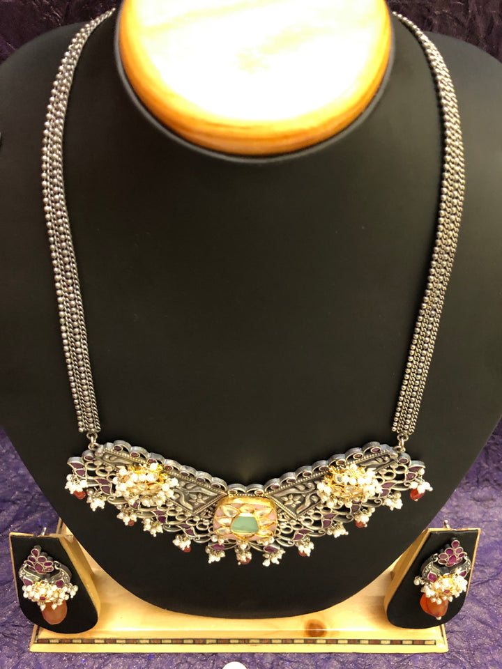 Long Silver Polish Ferret Necklace Set with Pachi Kundan and Monalisa Stone Work